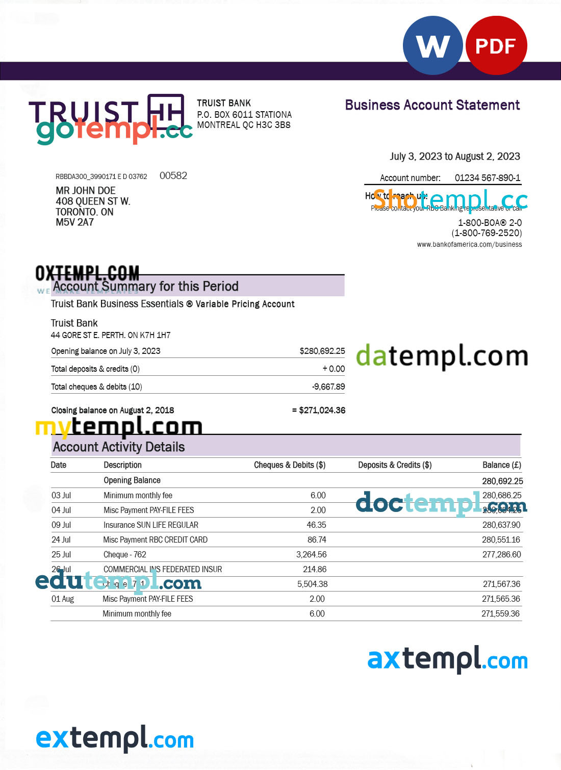 Truist Bank business account statement Word and PDF template عکس ویسگون