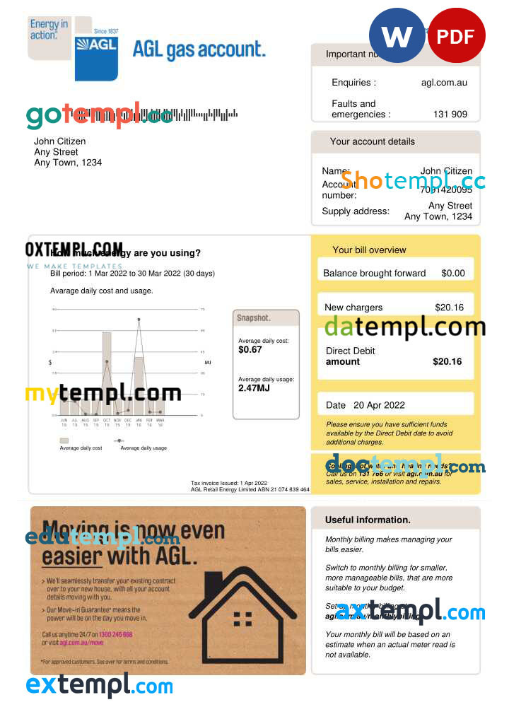 Australia AGL gas utility expense Word and PDF template version 2